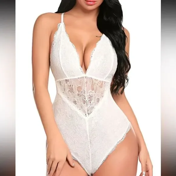 Sexy Lingerie Jumpsuit with Criss Cross Straps Semi Sheer White Lace Seduce, M - Picture 13 of 13
